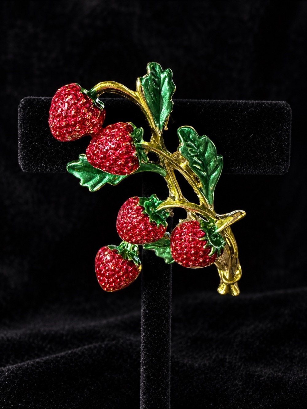 Red Gold and Green Strawberry Branch Brooch